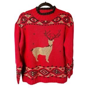 Vintage Women’s Eddie Bauer Sweater Red Reindeer   Linen/Cotton Blend Sz L